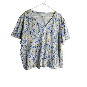 LC Lauren Conrad Womens Plus 3X Floral V-Neck T-Shirt Blue Pink Cotton Slub Tee